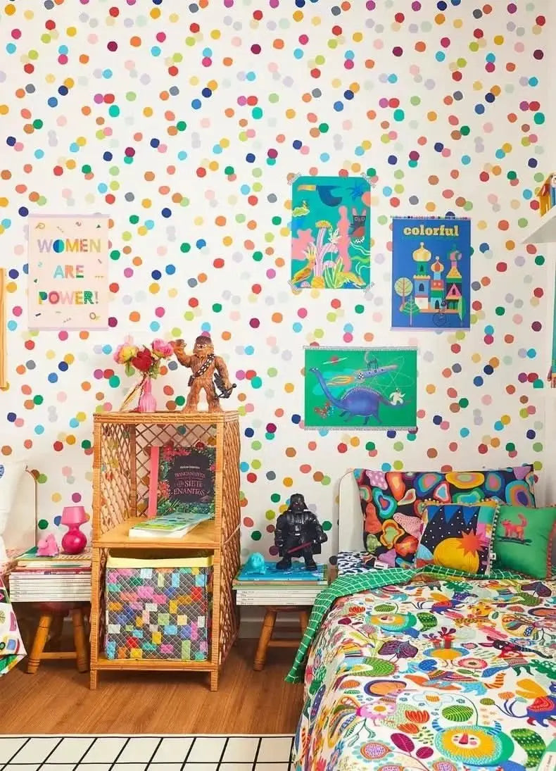 Colorful confetti wallpaper for playroom featuring vibrant spots on a white background