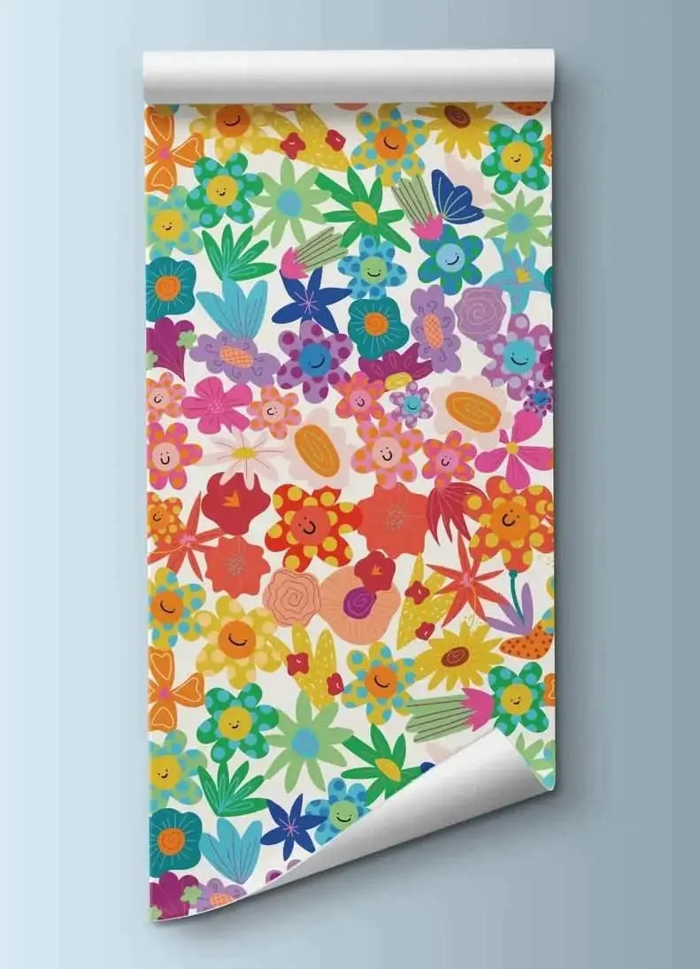 Colorful floral rainbow wallpaper for playroom featuring vibrant flowers and playful designs
