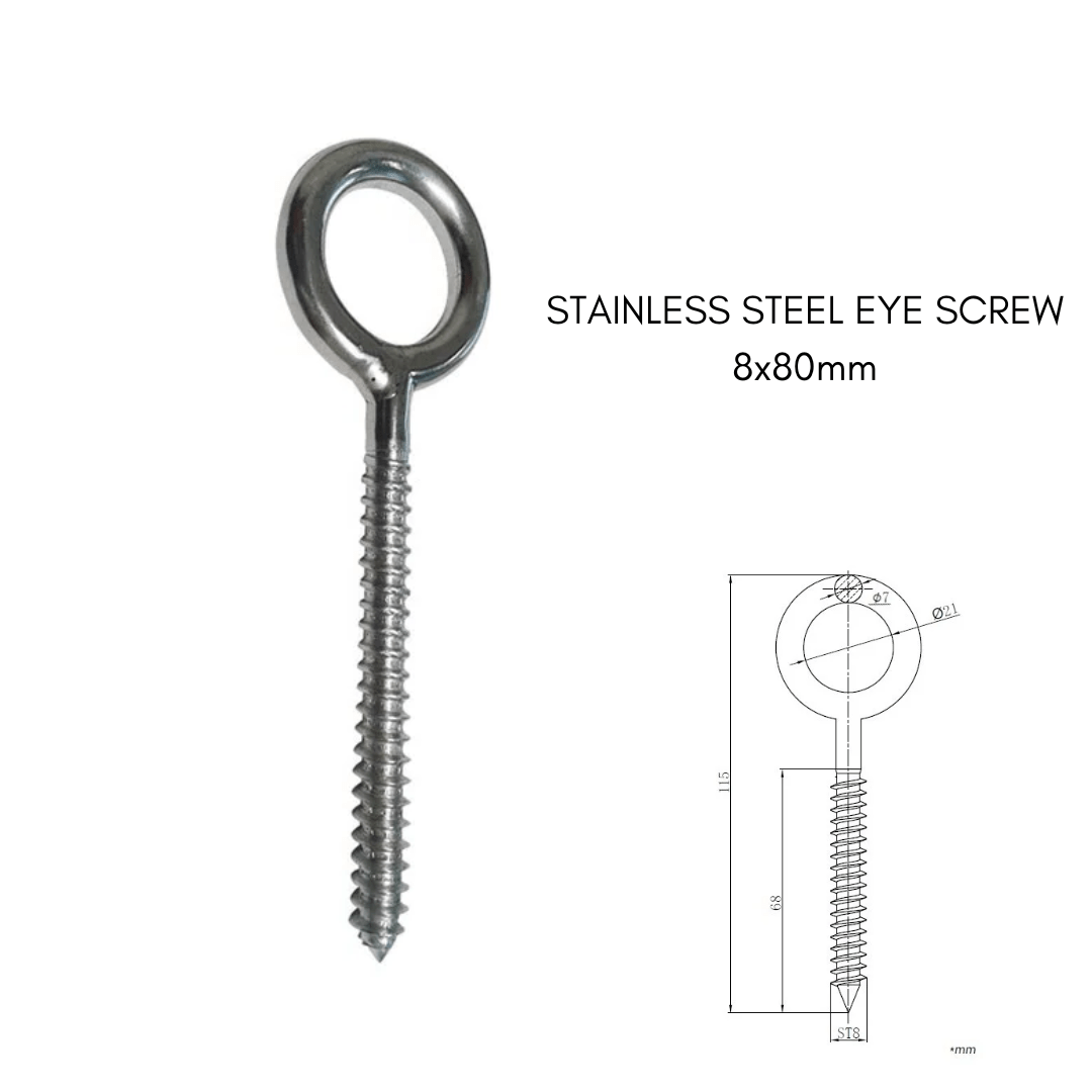 Stainless steel eye screw designed for secure installation of hammock net set for playroom