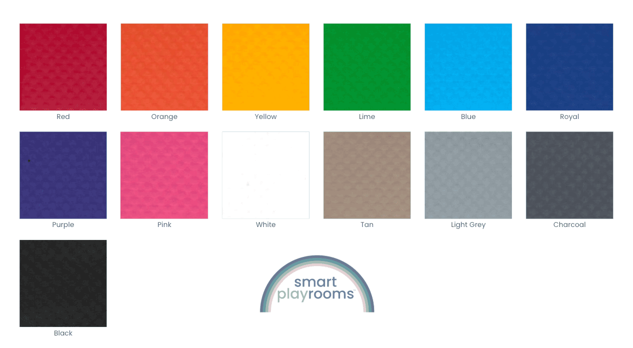 Color options for large soft play shapes for kids by AK Athletics, including red, orange, yellow, and more