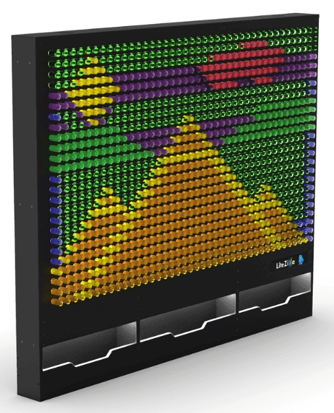 Lite-Brite Wall for playrooms featuring a colorful landscape design with mountains and sun