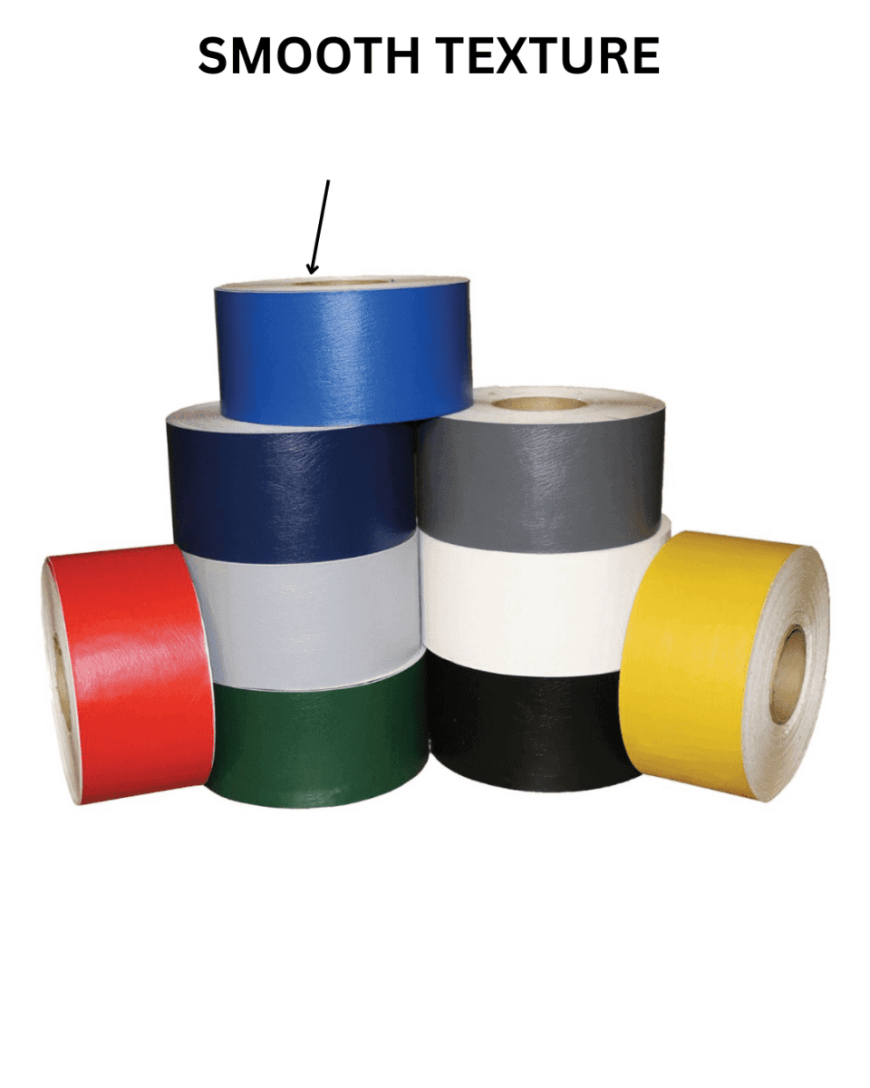 Rolls of colored tatami vinyl floor mat tape stacked with a label showing smooth texture for gym flooring