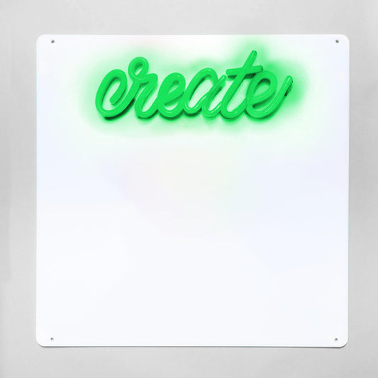 Neon sign with the word 'create' on a white background