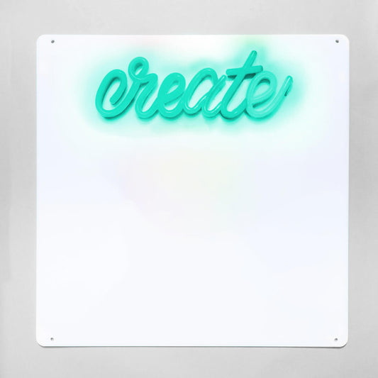 Neon sign with the word 'create' on a white background