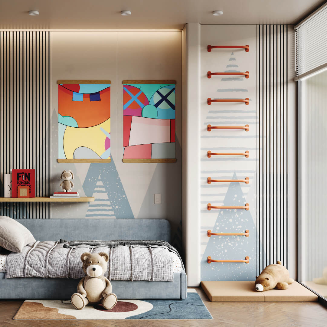 Modern children's room with colorful abstract art, shelves, and a teddy bear.