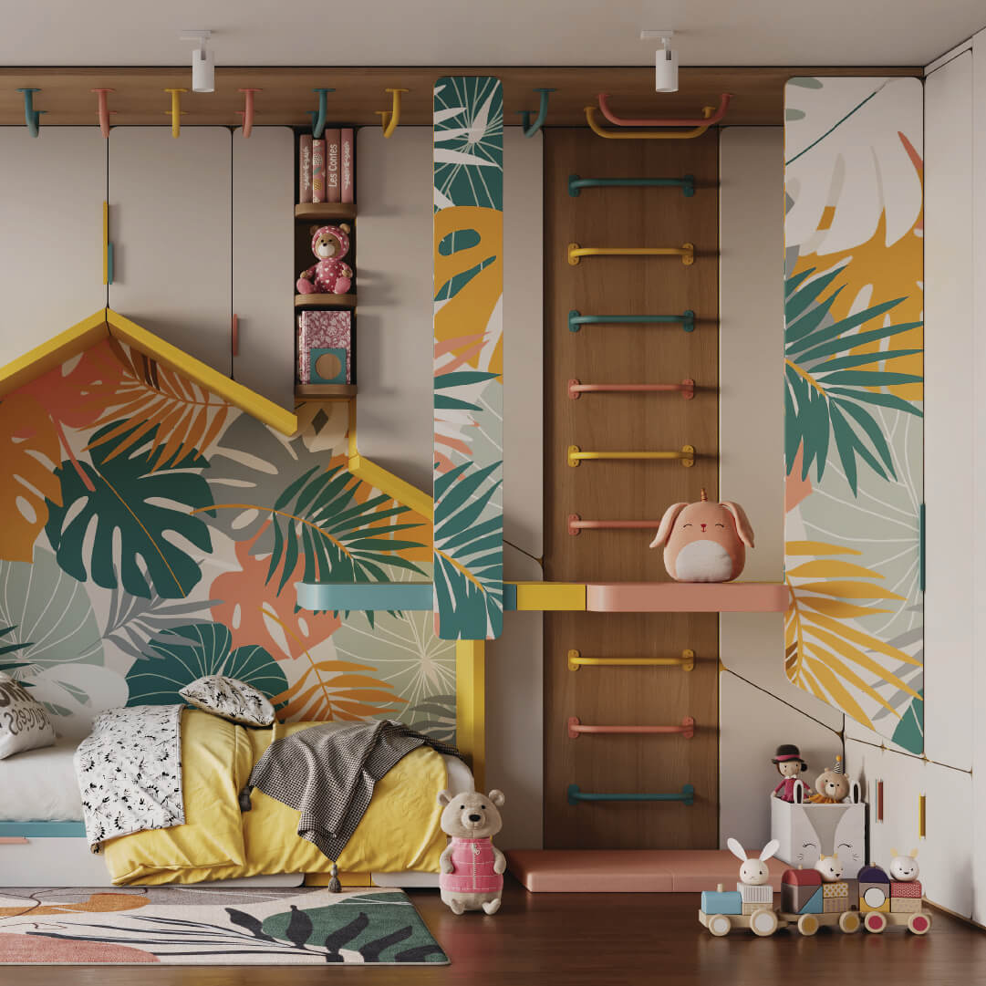 Children's room with colorful decor, plants, and toys.