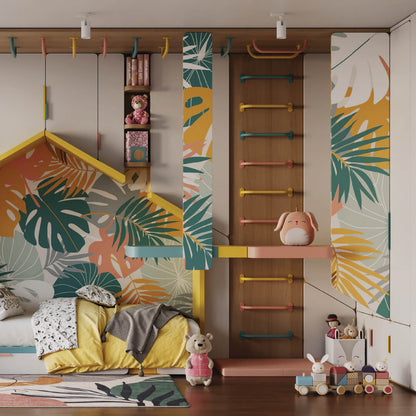 Children's room with colorful decor, plants, and toys.