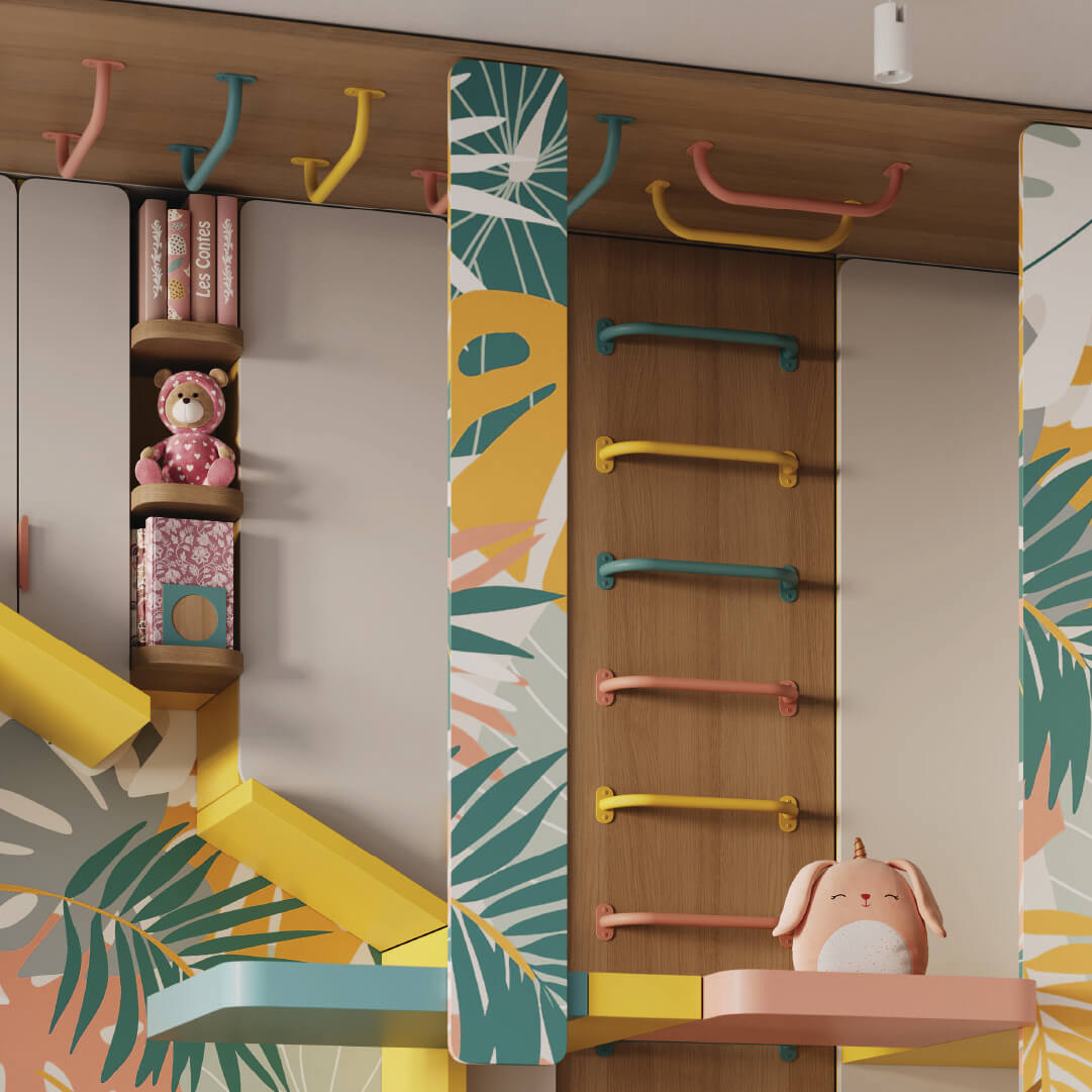 Children's room with colorful hooks, shelves, and a toy on a floral-patterned wall.
