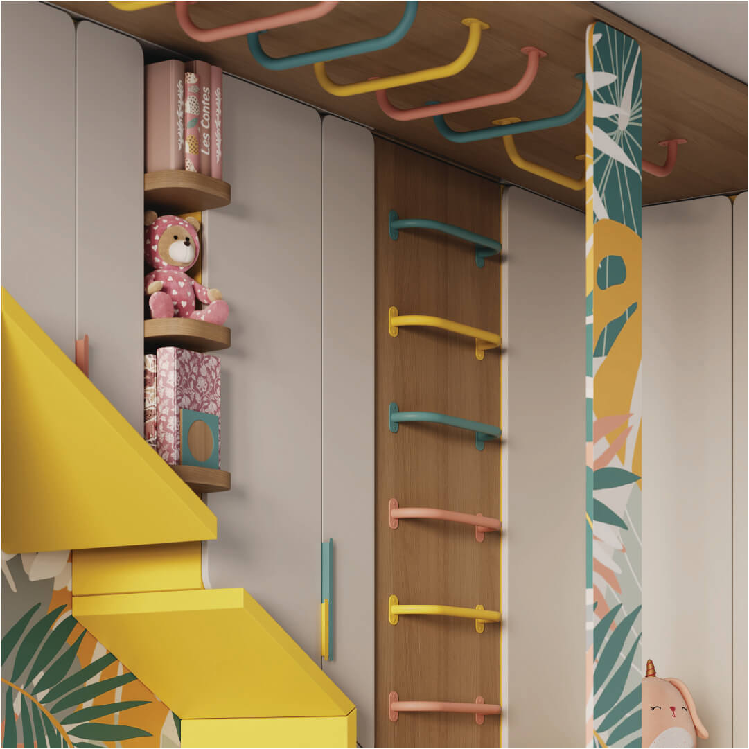 Children's room with colorful shelves, books, and toys against a neutral wall.