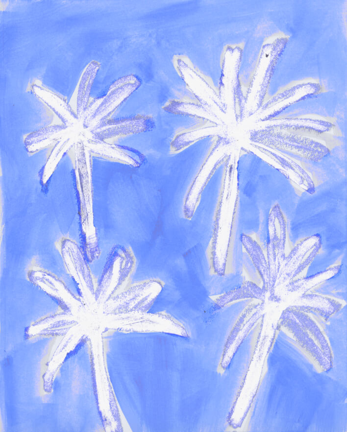 A blue and white painting of four palm trees, rendered with textured brushstrokes and white sketch-like outlines.