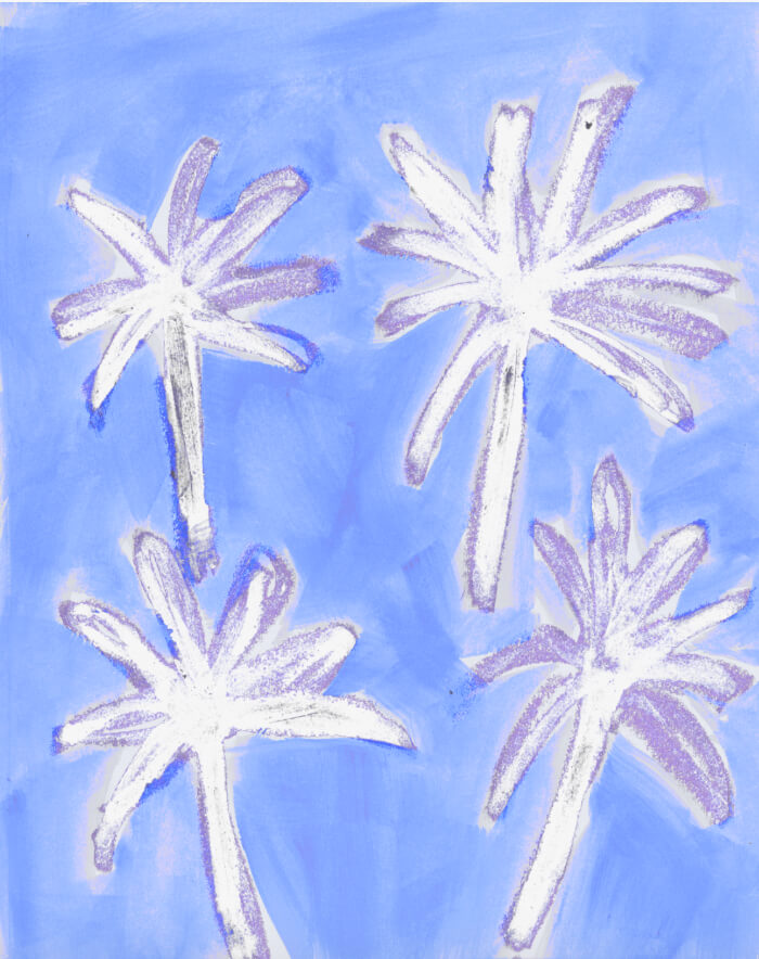 A pastel or crayon-style painting of four palm trees on a light blue background.