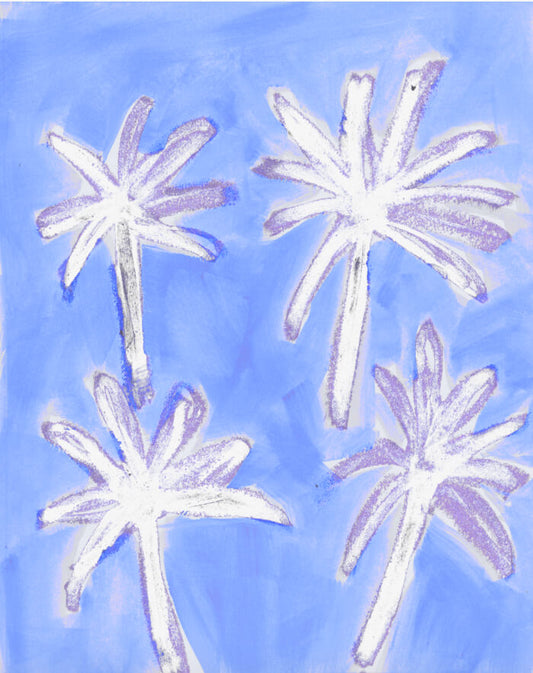 A pastel or crayon-style painting of four palm trees on a light blue background.