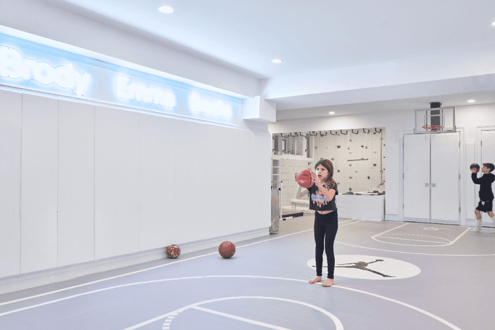 Dollamur vinyl floor mat for playroom with kids playing basketball indoors