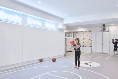 Dollamur vinyl floor mat for playroom with kids playing basketball indoors