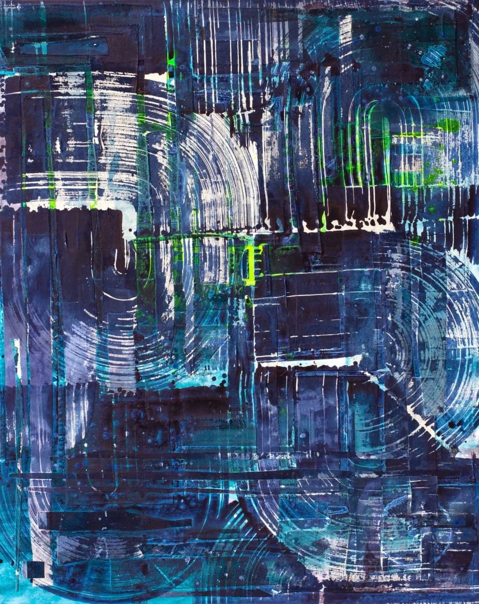 Abstract rain themed wallpaper for playroom in vibrant blue and green colors