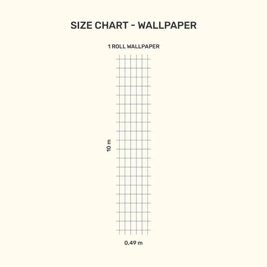 MOOUI black grid wallpaper size chart showing dimensions of 1 roll at 10m by 0.49m