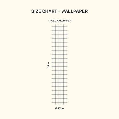 MOOUI black grid wallpaper size chart showing dimensions of 1 roll at 10m by 0.49m