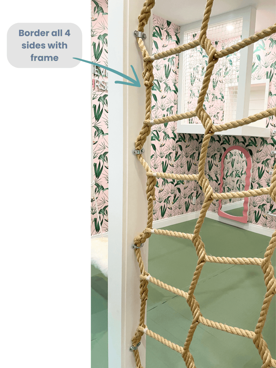 Jammar climbing cargo net for playroom featuring secure knots and framing for safety