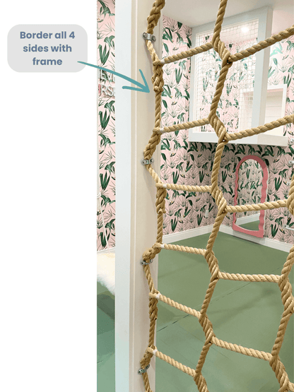 Jammar climbing cargo net for playroom featuring secure knots and framing for safety