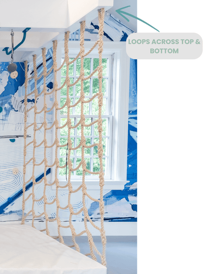 Jammar climbing cargo net for playroom with natural rope loops across top and bottom for safety