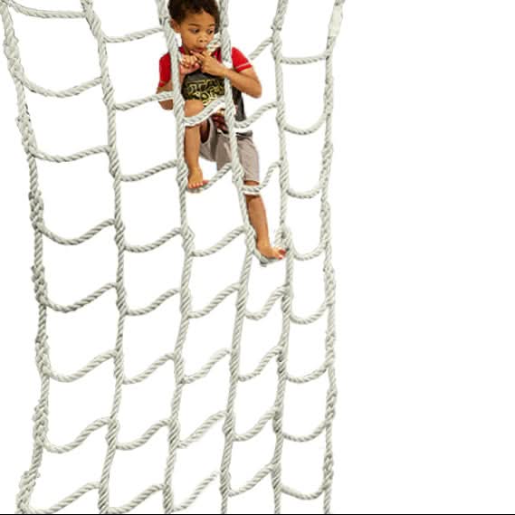 Jammar climbing cargo net for playroom with a child climbing on it for safe indoor fun