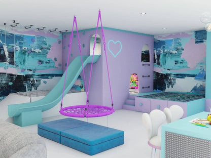 Colorful climbing playroom design package featuring a slide, swing, and playful decor