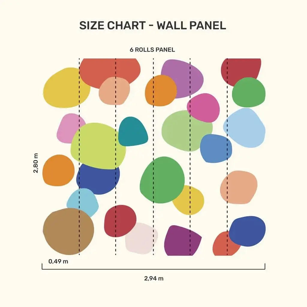 Size chart for colorful dots wallpaper for playroom featuring vibrant shapes and dimensions