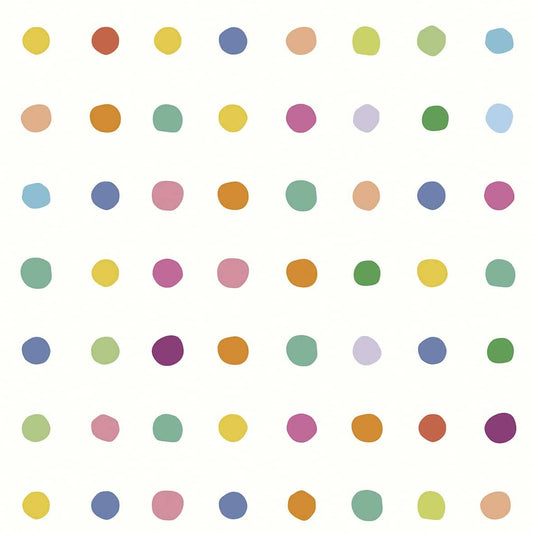 Colorful kids playroom wallpaper featuring playful dots in various pastel colors on a white background