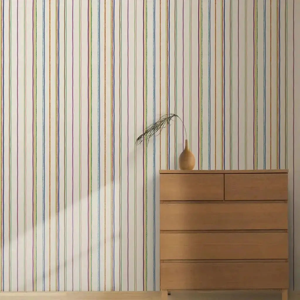 Colorful striped wallpaper for playrooms with vibrant vertical stripes against a white background