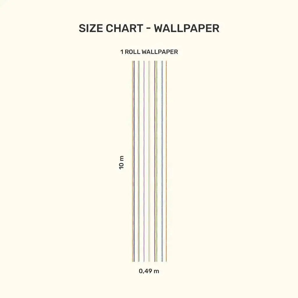 Size chart for colorful striped wallpaper for playrooms showing dimensions and design layout