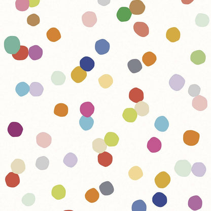 MOOUI confetti wallpaper for playroom with colorful dots on a white background