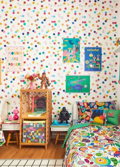 Colorful confetti wallpaper for playroom featuring vibrant spots on a white background