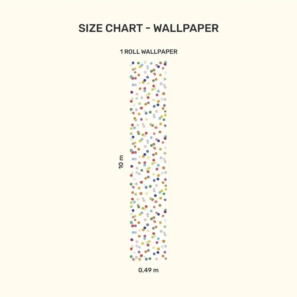 Size chart for MOOUI confetti wallpaper for playroom displaying dimensions and colorful confetti pattern