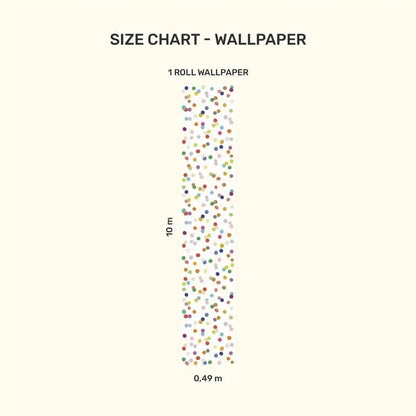 Size chart for MOOUI confetti wallpaper for playroom displaying dimensions and colorful confetti pattern