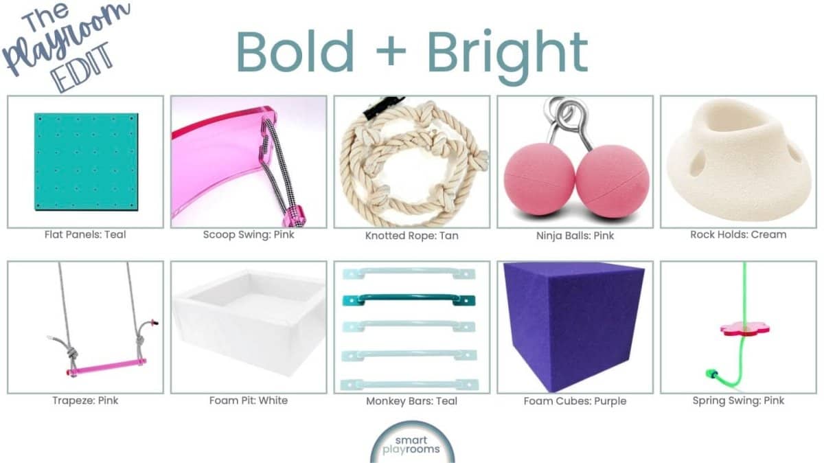 Colorful components for a custom playroom design service including swings and foam cubes