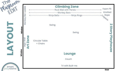 Custom playroom design service layout featuring climbing zone, art zone, and lounge spaces