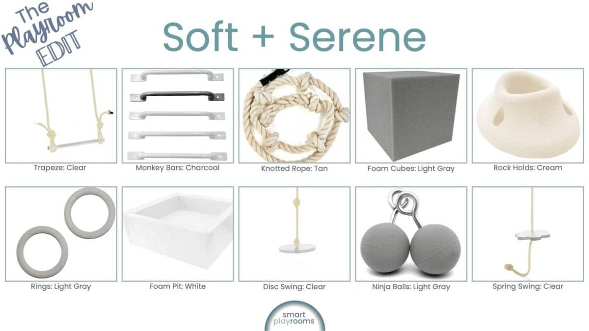 Custom playroom design service showcasing Soft and Serene furniture and accessories including swings and foam cubes
