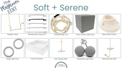 Custom playroom design service showcasing Soft and Serene furniture and accessories including swings and foam cubes