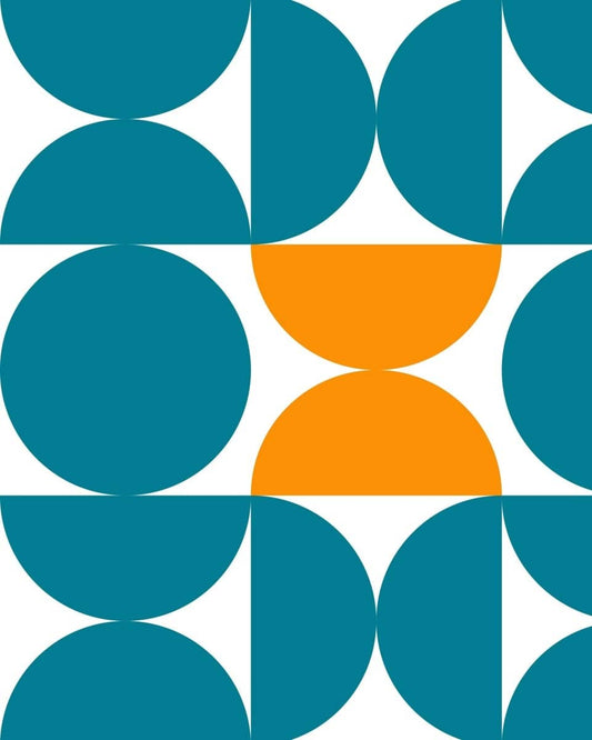 Colorful geometric design featuring teal and orange shapes for educational playroom wallpaper