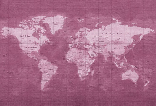 Cara Saven educational world map mural in purple tones highlighting country names and geographical details