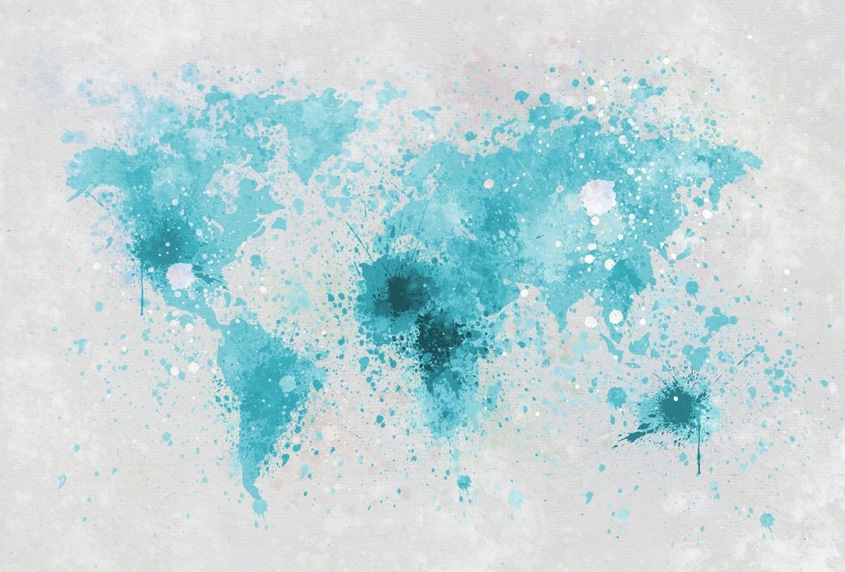 Educational world map wallpaper in watercolor design featuring shades of blue and teal