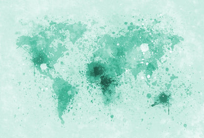 Cara Saven educational world map wallpaper in a soft green watercolor design with splashes