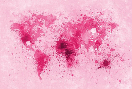 Educational world map wallpaper in vibrant pink tones with artistic splashes and textures