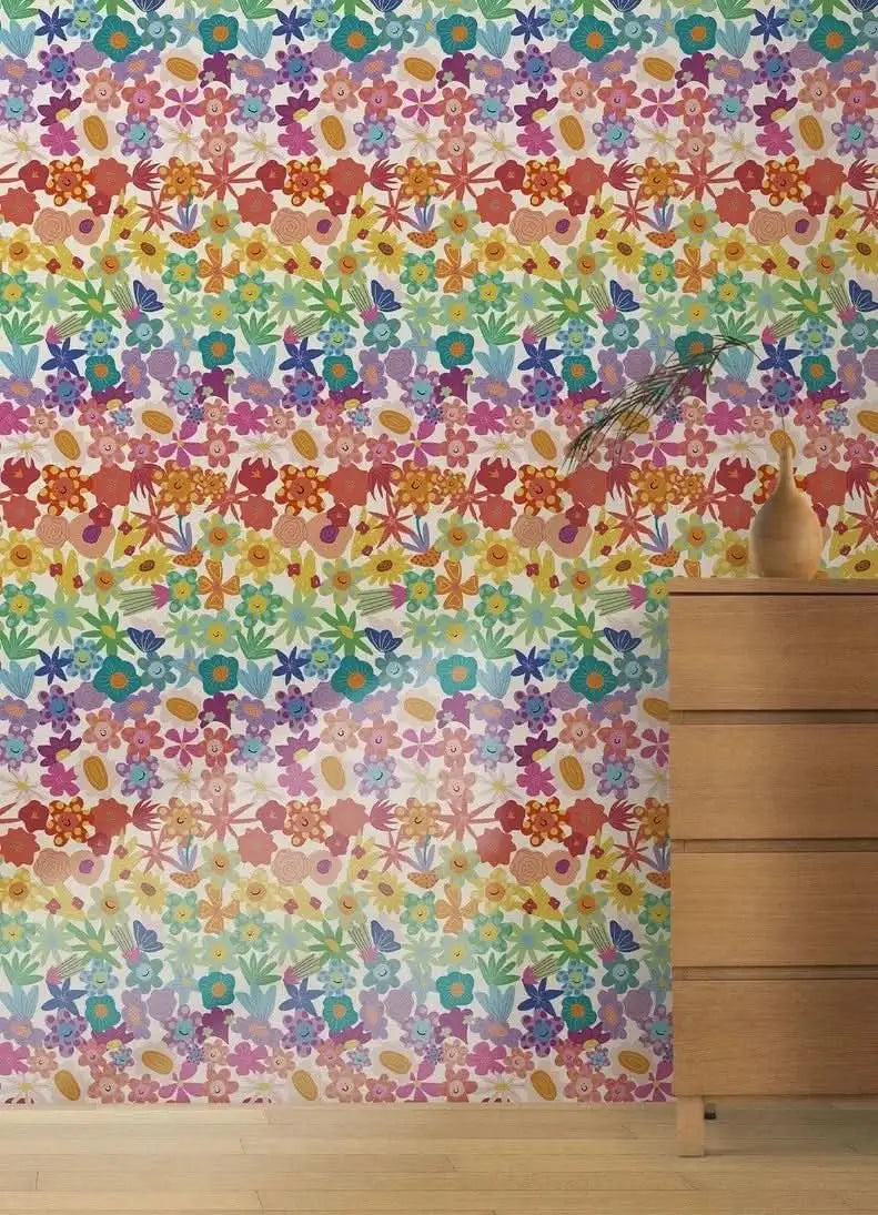 MOOUI floral rainbow wallpaper for playroom featuring a colorful pattern of flowers and plants