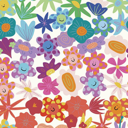 Bright floral rainbow wallpaper for playroom featuring cheerful flowers and playful designs