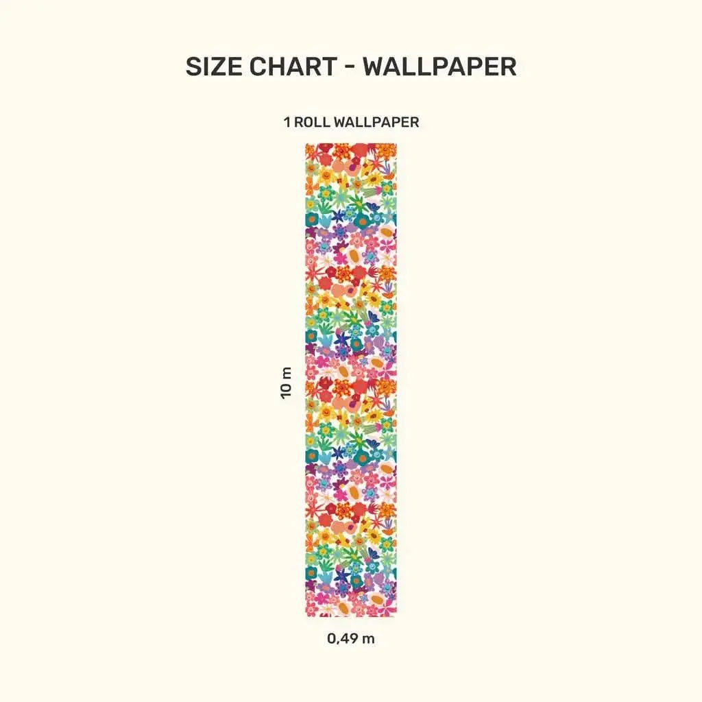 Size chart for MOOUI floral rainbow wallpaper for playroom, featuring vibrant floral patterns