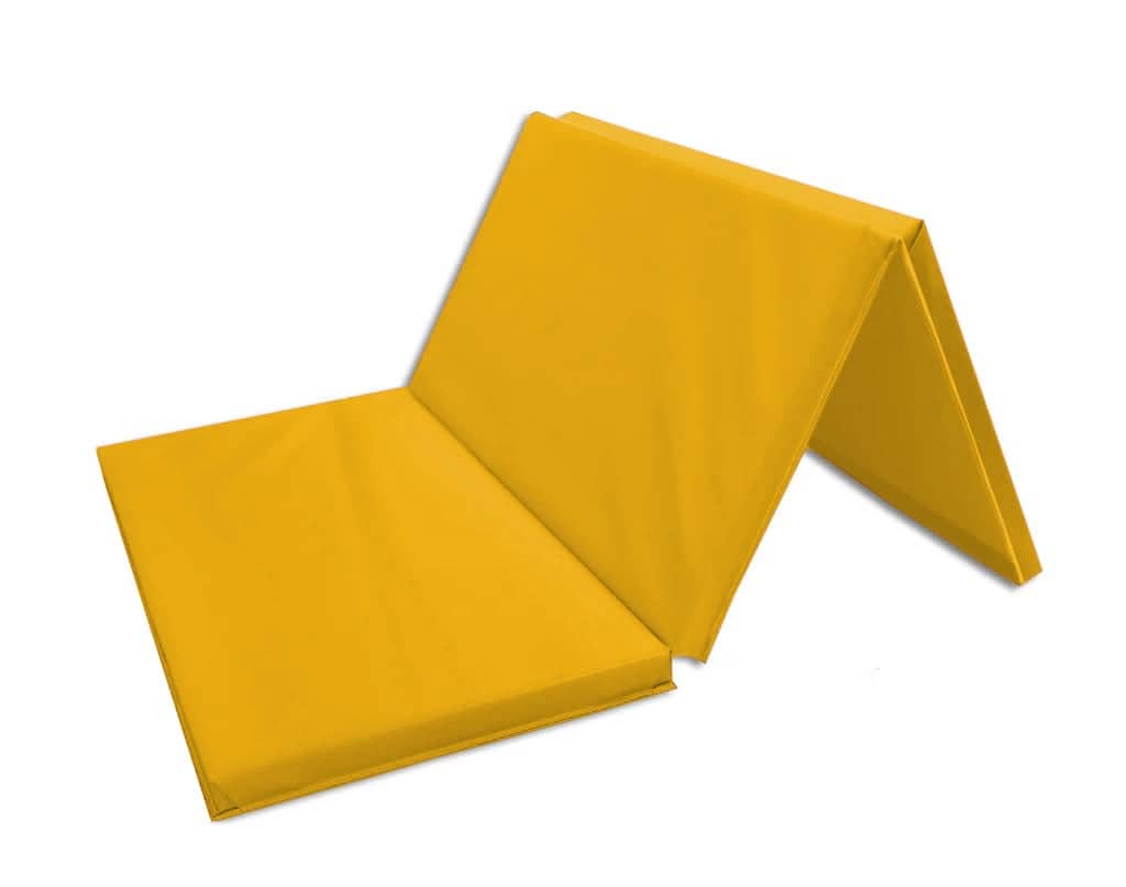 AK Athletics foldable landing mat for kids in bright yellow, perfect for safe landings during gymnastics and play
