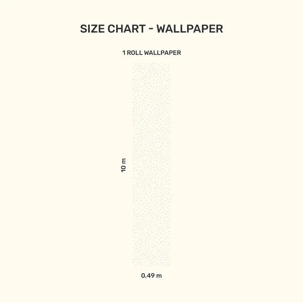 Size chart for gray polka dot wallpaper showing dimensions of one roll measuring 10m by 0.49m