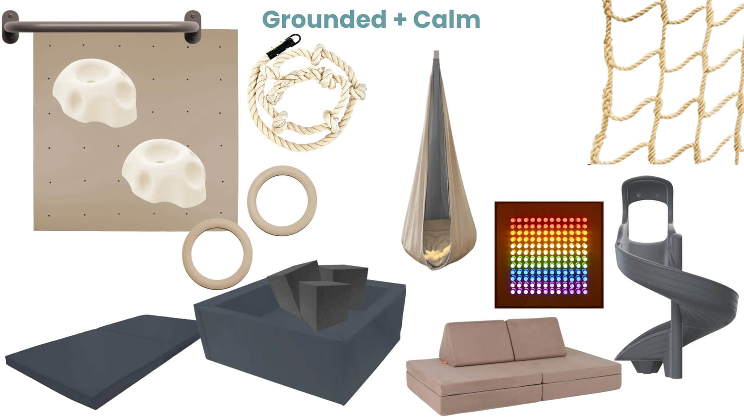 Collection of items including a pegboard, rings, a hammock, a slide, and a colorful light panel on a white background.