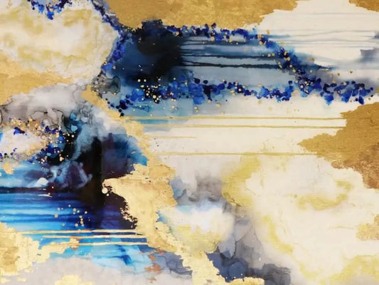 Vivian Ferne hurricane wallpaper for playroom featuring vibrant blues and gold abstract design